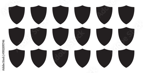 Filled black shields in grid pattern many solid badge icons for security protection and design elements
