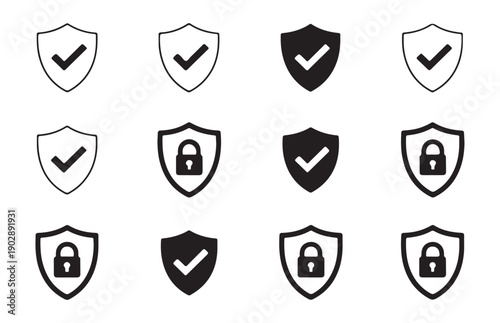 Minimalist monochrome shield icons collection featuring protection locks and verified check mark symbols