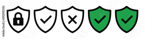 Set of shield icons with lock checkmark and cross symbols security protection approval and denial status