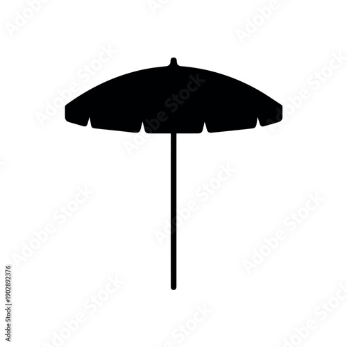 A solitary black silhouette icon of a classic beach umbrella, featuring a broad canopy and a central pole, ready for a sunny day.