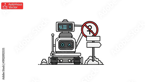 Autonomous robot holding a signpost with a gender restriction symbol and blank directional arrows