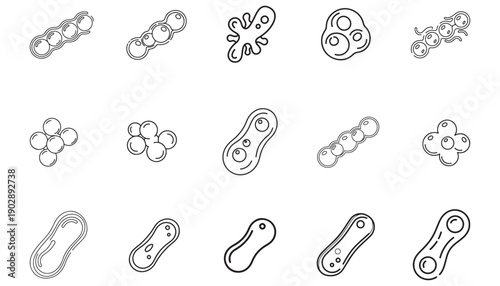 Collection of diverse microorganism icons, showcasing bacteria and cellular structures