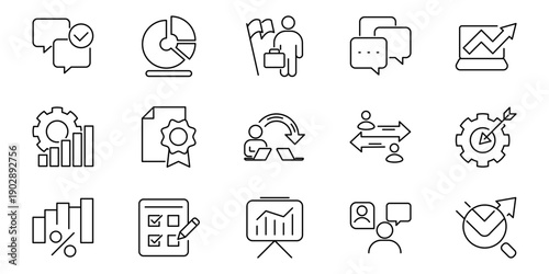 Business and strategy icons representing analytics, growth, teamwork, and success in corporate operations