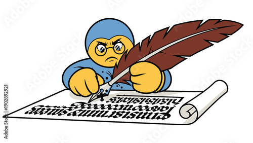 Serious Cartoon Scribe Writing Manuscript with Quill Pen on Scroll
