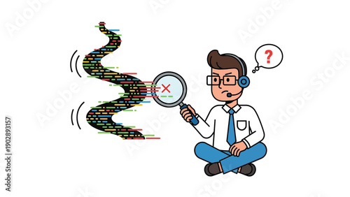 IT support person debugging digital data error. Cartoon man with headset analyzing glitchy code with magnifying glass.