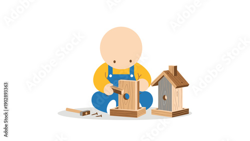 Cute cartoon baby building a wooden birdhouse. Child's DIY craft project, learning and creativity illustration.