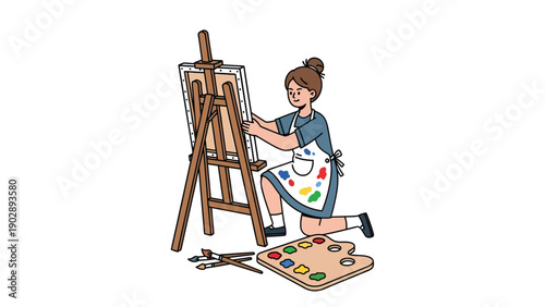 Young woman artist painting on an easel with a palette and brushes. Creative hobby and art illustration concept.