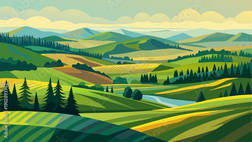 Serene Green Rolling Hills Landscape Illustration with Fields, Forest, and River