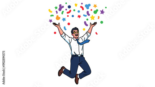 Excited businessman jumping in air, celebrating success with vibrant confetti