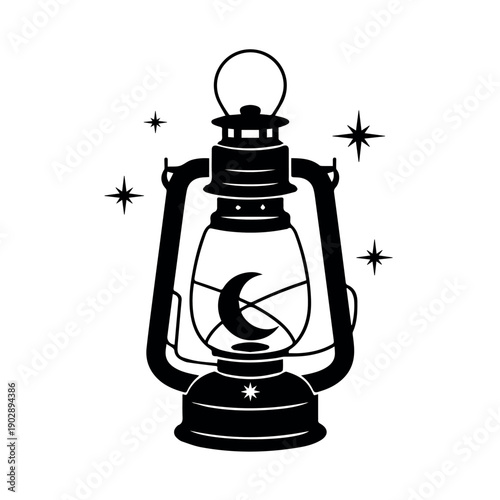 A mystical black and white illustration of a vintage style lantern, featuring a crescent moon and star inside, surrounded by sparkling stars in the background.