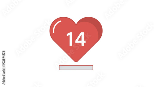 Digital red heart icon with number fourteen symbolizing social media engagement likes counter