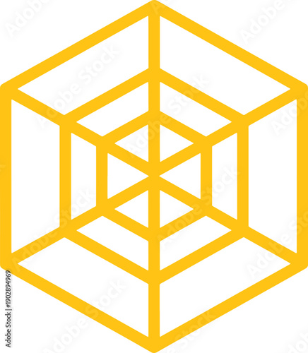 Yellow geometric cube with intersecting lines in isometric perspective