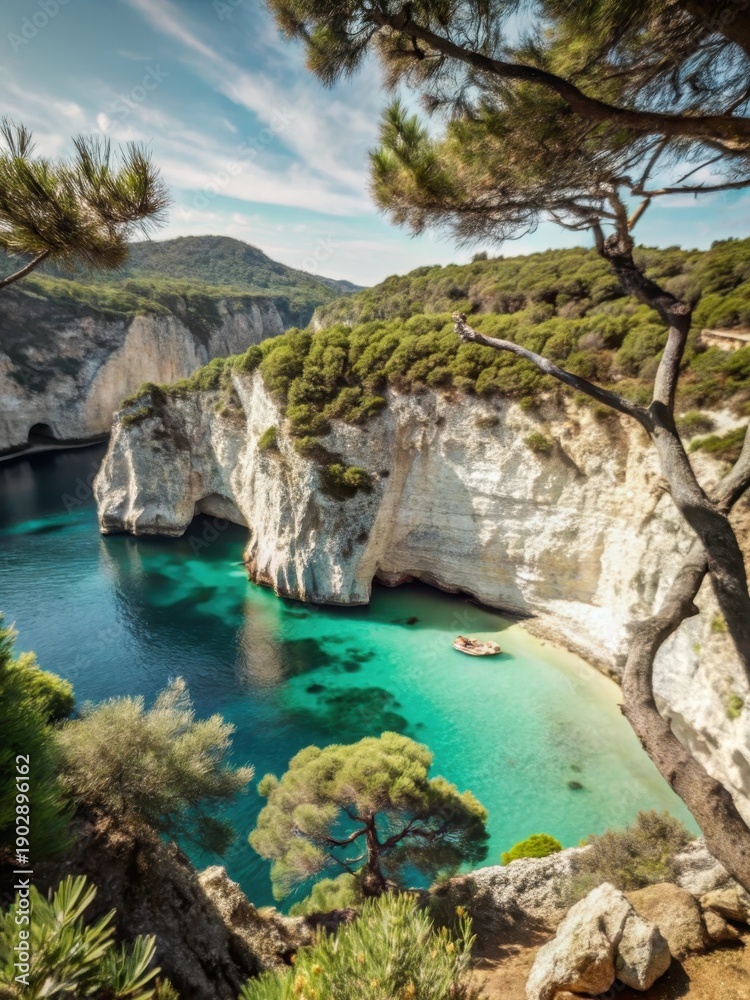 Fototapeta premium Unique turquoise bay on Zakynthos islands northern shore, shaped by ancient limestone cliffs and surrounded by pine trees