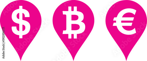 Currency Location Pin Outline Icon Set  Dollar, Euro, and Bitcoin Finance Map Markers