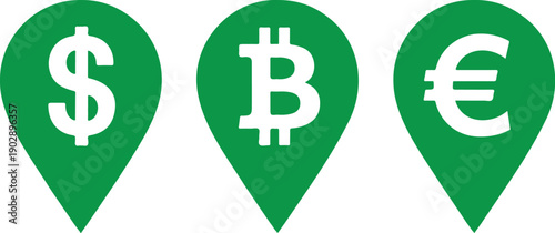 Currency Location Pin Outline Icon Set  Dollar, Euro, and Bitcoin Finance Map Markers