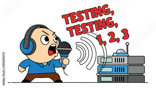 Cartoon Character Performing Sound Check with Microphone and Broadcast Equipment