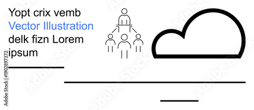Technology, teamwork, cloud storage, organizational structure, communication, digital interface. Minimalist icon showing cloud and connected people and lines. Cloud storage and teamwork concept