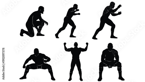 Collection of professional wrestler silhouettes in powerful combat stances, male athlete training poses, martial arts vector icons for sports design.