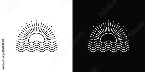 Single icon of sunrise over the ocean waves, a minimalist linear graphic design for a logo or emblem