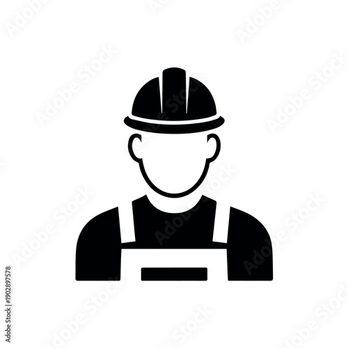 A clear, black silhouette icon portraying a faceless construction worker wearing a hard hat and overalls, representing labor, safety, and the building industry.