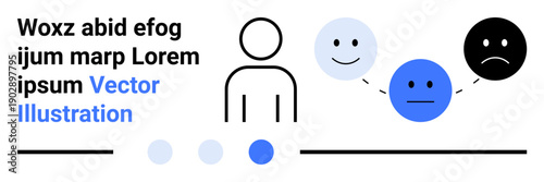Stick figure beside three connected faces displaying happy, neutral, and sad emotions. Ideal for mood tracking, human behavior, psychology, emotional intelligence, mental health, data analysis