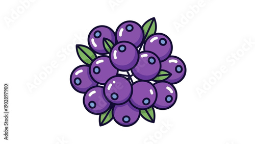 A delightful cluster of fresh purple berries with vibrant green leaves in a cheerful cartoon style