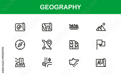 Geography Professional Line Icon Collection Featuring Clean Minimal Vectors with Modern Design for Cartography Navigation and Earth Science