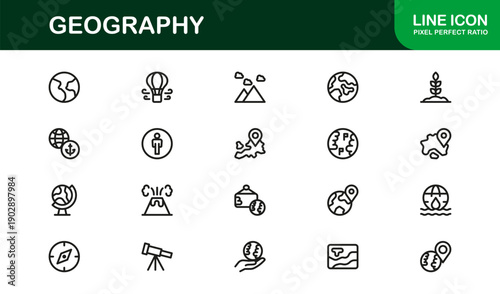 Geography Professional Line Icon Collection Featuring Clean Minimal Vectors with Modern Design for Cartography Navigation and Earth Science