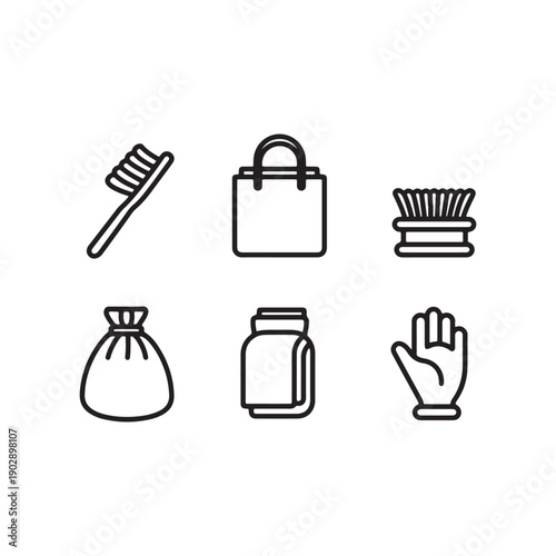 Set of 6 Minimal Black Outline Household and Cleaning Icons Vector