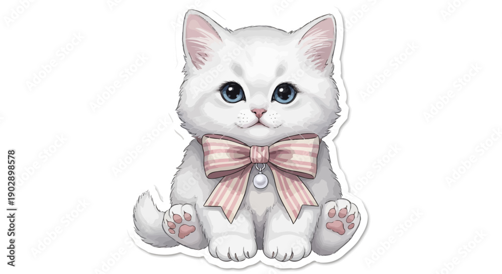 Fototapeta premium Cute fluffy white kitten with blue eyes wearing a pink bow tie, sitting