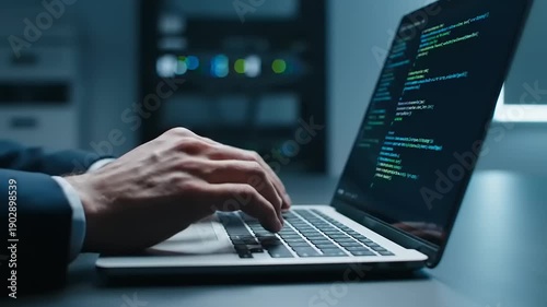 Close-up of a programmer's hands actively typing lines of intricate code on a modern laptop keyboard, showcasing digital development and software creation in a professional IT environment