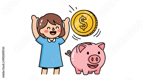 Happy girl saving money in piggy bank with golden coin. Joyful child's financial education & future savings concept illustration.