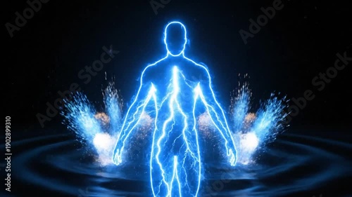 Intense blue electrical energy pulses through the silhouette of a human figure creating a powerful energetic and supernatural visualization