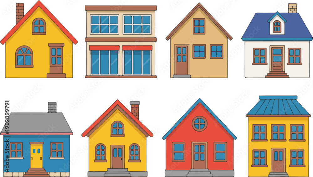 Fototapeta premium A set of eight cartoon-style residential buildings arranged in two rows.