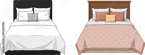 Modern cozy bedroom interior with two stylish beds, soft pillows, decorative cushions, minimalist furniture design, and comfortable bedding setup illustration