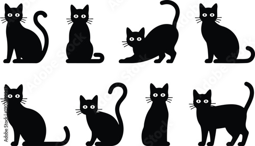 A set of eight black cat silhouettes arranged in two rows against a white background.