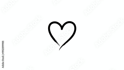 Minimalist hand-drawn black heart symbol with brush stroke texture on clean white background artwork