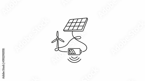 Sustainable clean energy solution featuring solar panel and wind turbine powering a battery