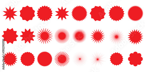 Set of red price sticker, sale or discount sticker, sunburst badges icon. Stars shape with different number of rays. Special offer price tag. Red starburst promotional badge shopping labels.Best Eps10
