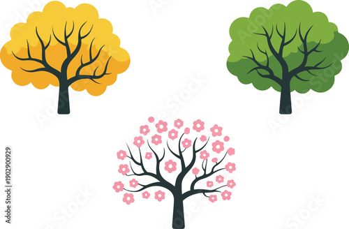 A vector illustration of three stylized trees in different seasons, arranged vertically.