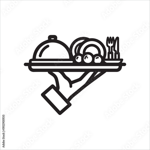 A hand holding a serving tray with food and utensils