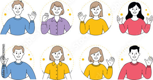 A flat, minimalist illustration of eight cartoon avatars arranged in a 2x4 grid, each enclosed in a dotted yellow circular speech bubble.