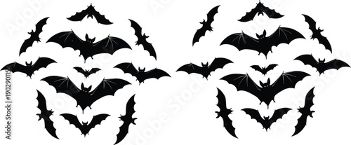 Flying bat silhouette set with spooky nocturnal animals, Halloween horror symbols and dark night creatures isolated on white background vector illustration