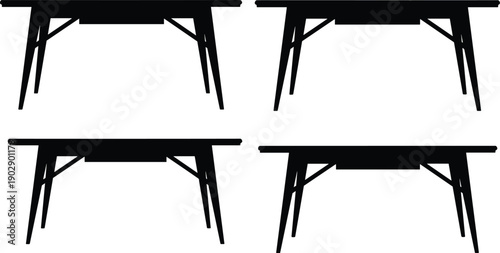 Folding table silhouette set featuring simple wooden work tables, minimalist furniture shapes, black vector outlines, and isolated construction table designs