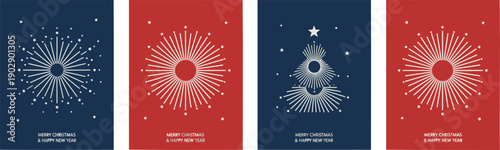 Minimal Christmas greeting cards set, festive starburst tree illustrations, modern red blue holiday posters, merry christmas happy new year design