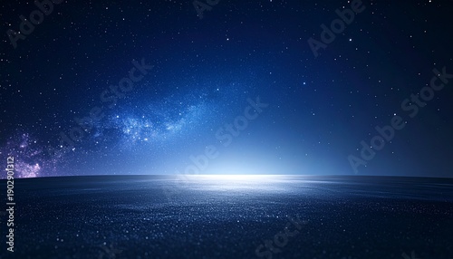 深い紺碧の宇宙に浮かぶ星々の煌めき、神秘的な夜明けの光が交差する幻想的な風景