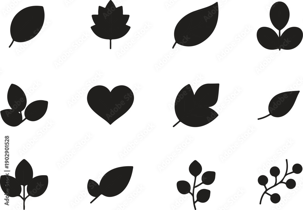 Fototapeta premium A set of 12 minimalist line art leaf icons arranged in a 3x4 grid against a white background.