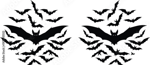 Flying bat silhouette collection illustration with spooky Halloween animals, black vampire bat shapes isolated on white background