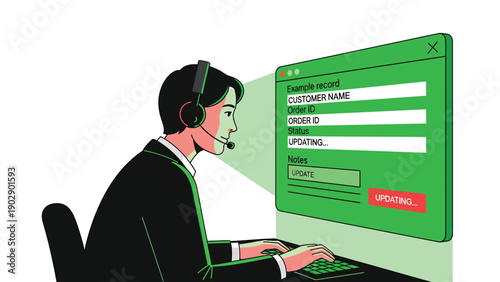 Customer Service Agent Updating Records on Computer Screen with Headset