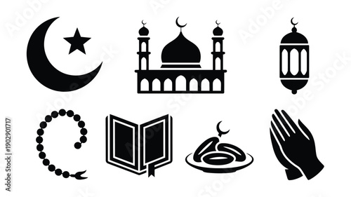 Collection of minimalist black islamic symbols and icons on white background including crescent moon mosque lantern rosary quran food and praying hands